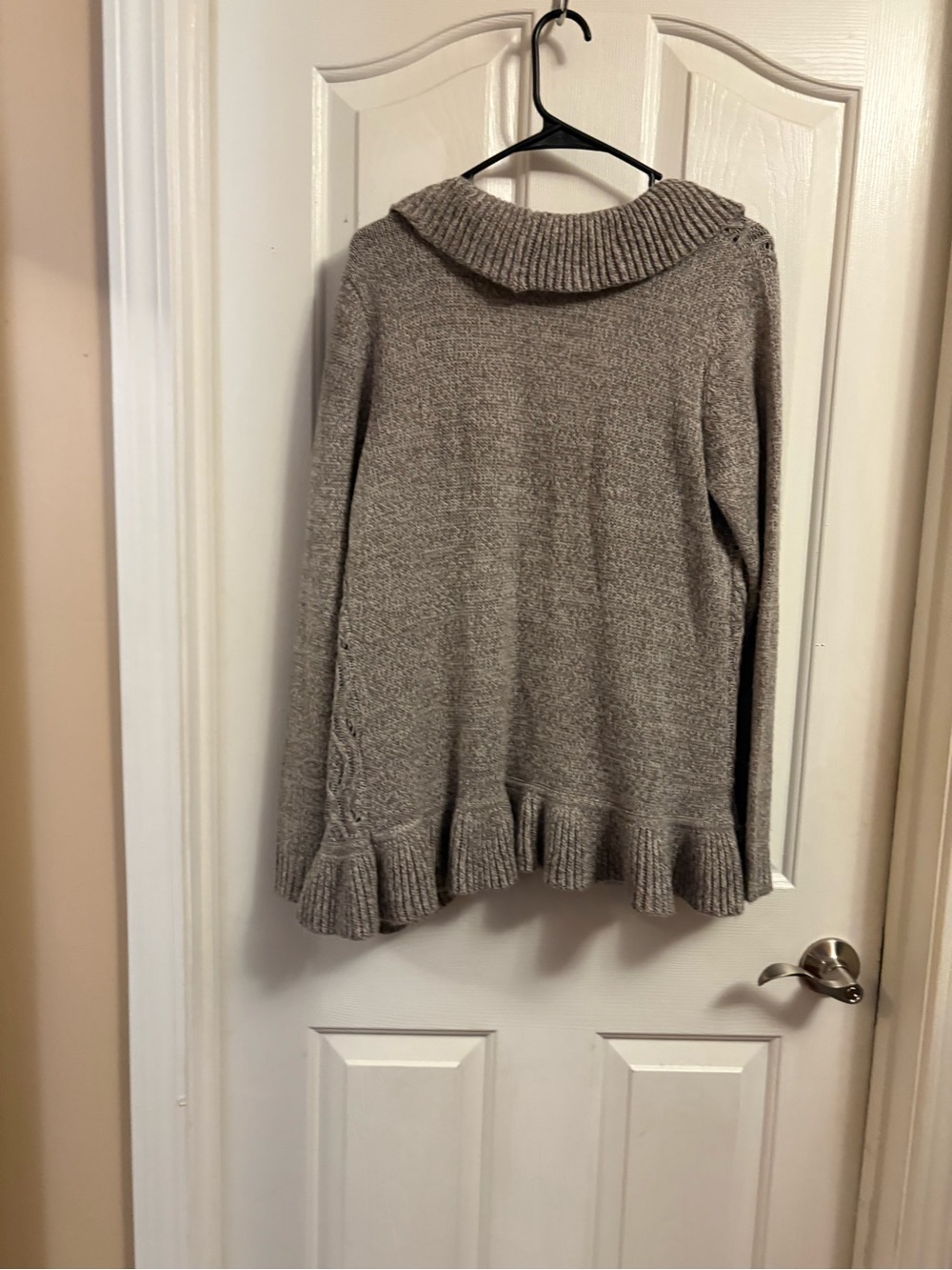 Karen Scott Taupe Cowl Neck Sweater with Ruffle Hem